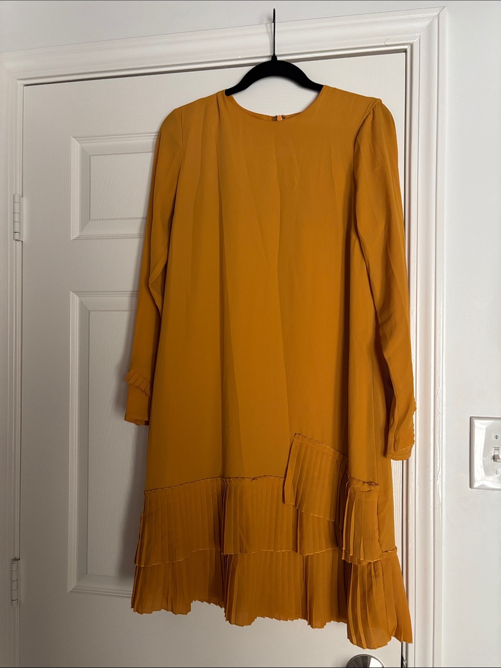 Warehouse Mustard Long-Sleeve Pleated-Hem Dress